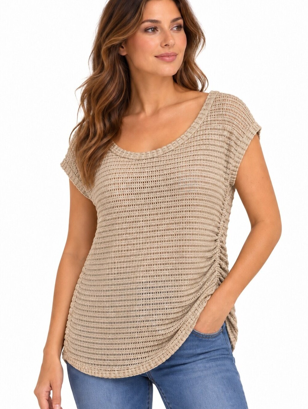 Jordan Taylor Women’s Beige Textured Knit Top Scoop Neck Cap Sleeve Ruched - L